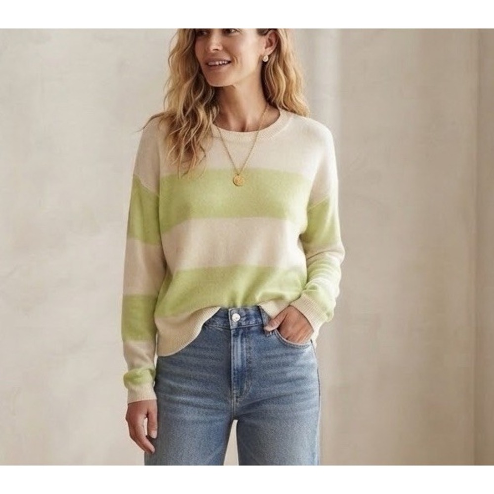 One Grey Day OGD Sweater Womens Sloane 100% Cashmere Light Lime/Cream Sz Small